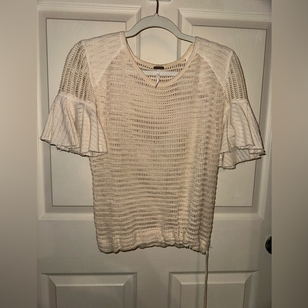 Free People Cream crochet Knit Blouse with Ruffled Sleeves S beach fall boho